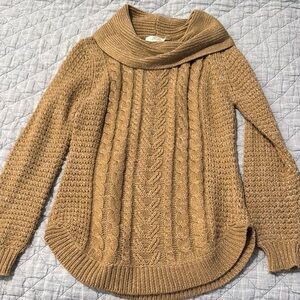 RD Style Tan Cowl Neck Sweater with Cable Knit